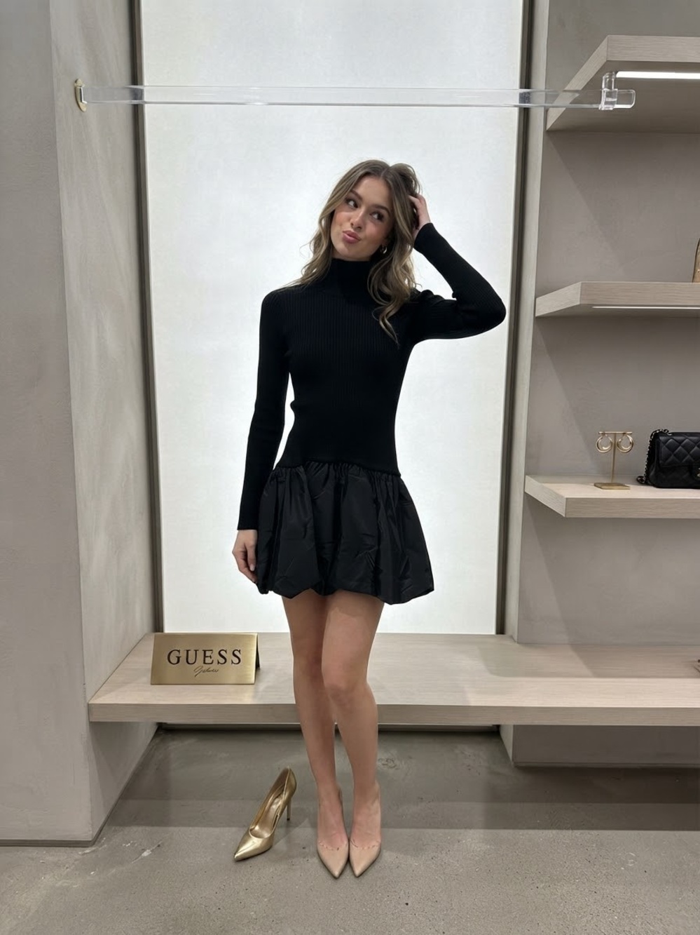 GUESS Black Ribbed Turtleneck Bubble Hem Mini Dress Fit & Flare Cocktail